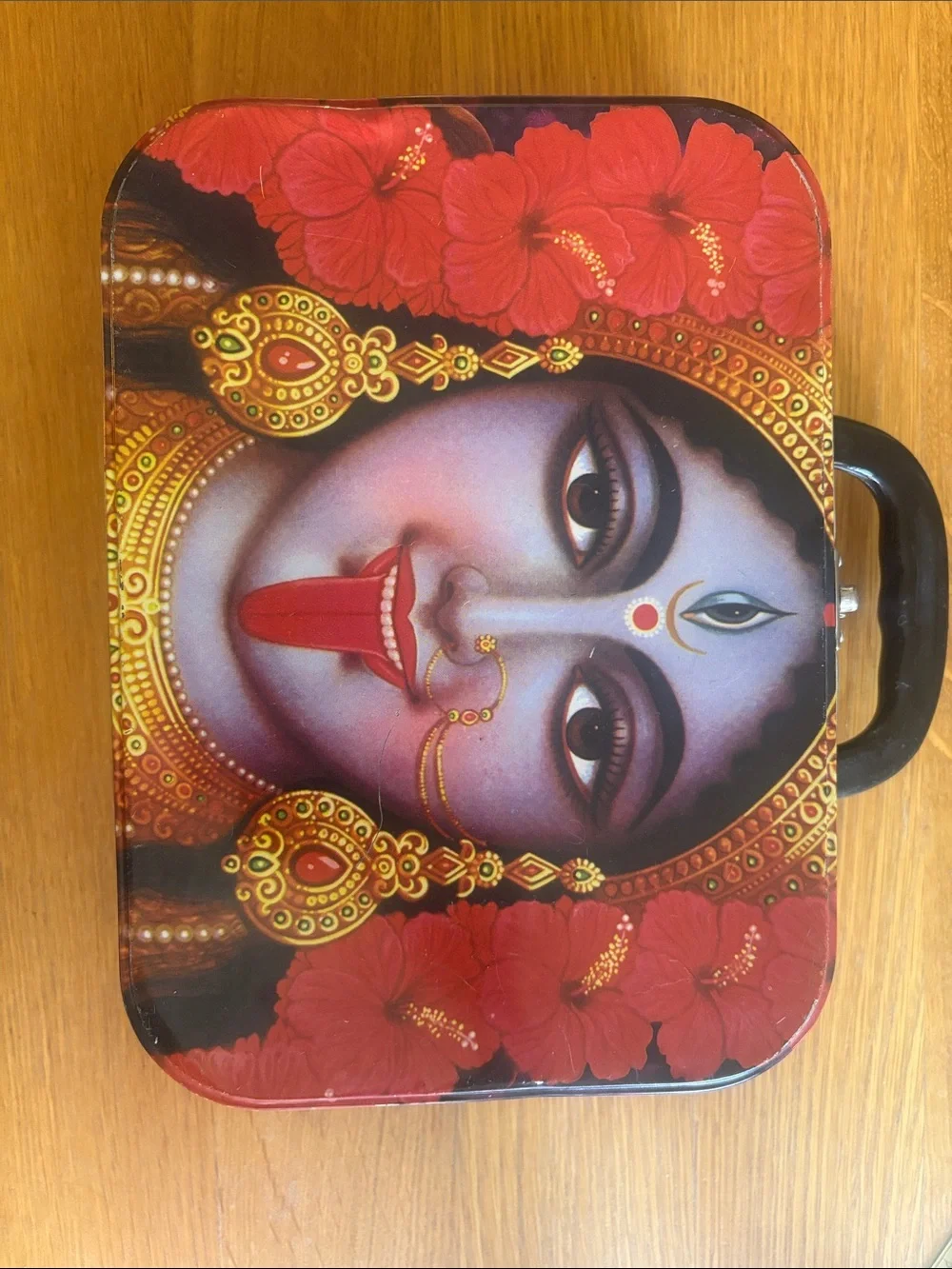 Vintage Hindu Goddess Tin Box with Handle